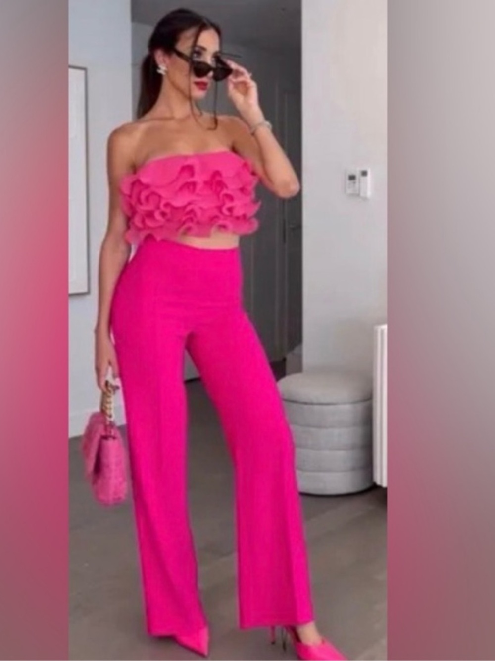 ZARA Pink Ruffle Statement Top ✨ Blogger Fave Strapless Euro Chic Rooftop Glam - Picture 6 of 8